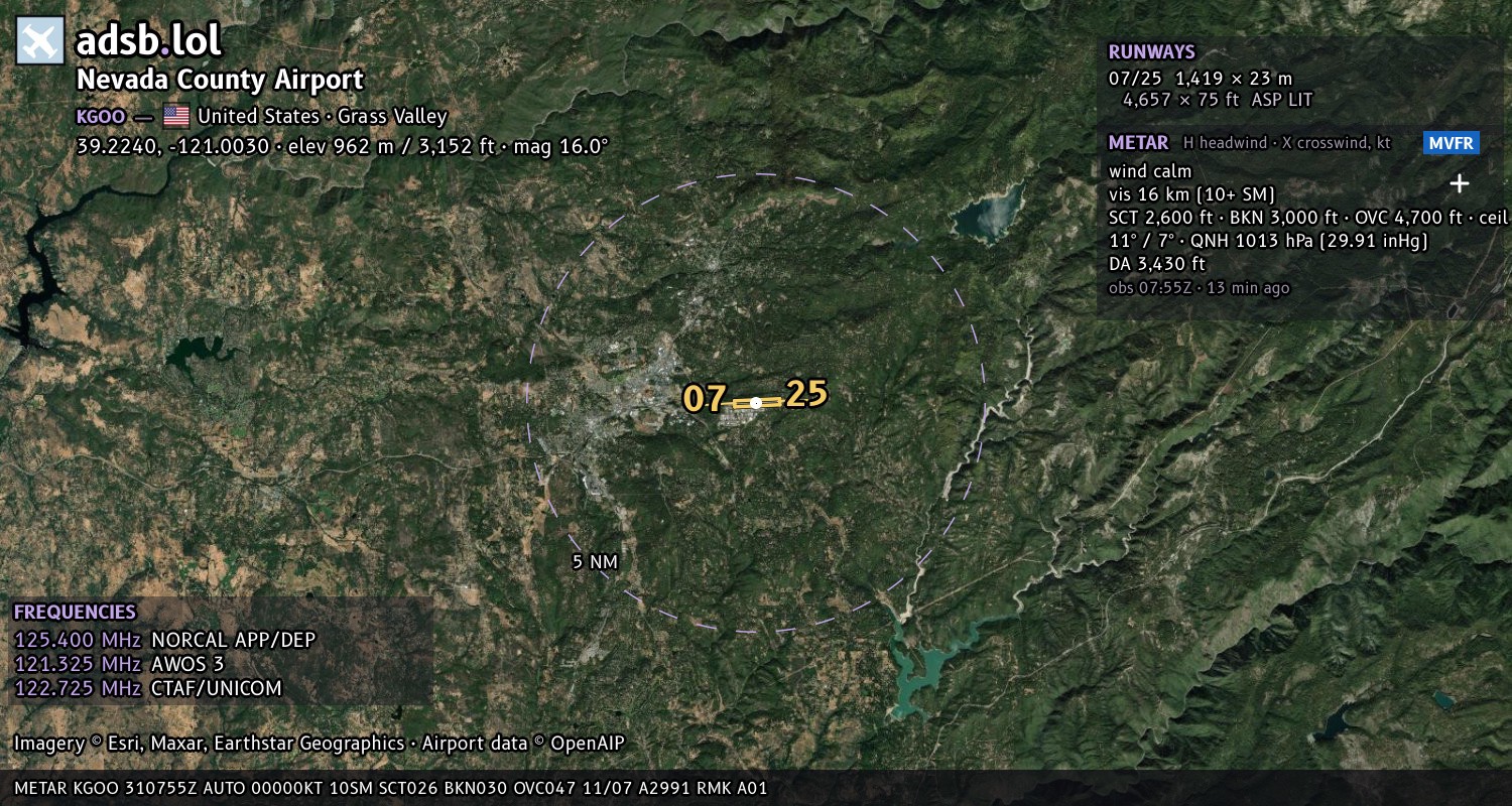 Satellite map with the runway layout of Nevada County Airport (KGOO)