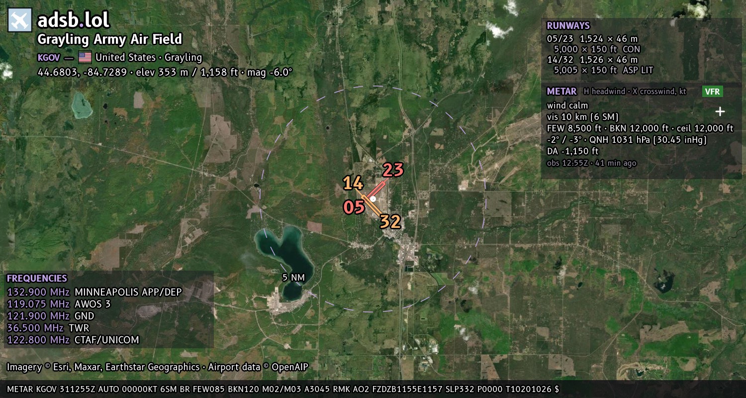 Satellite map with the runway layout of Grayling Army Air Field (KGOV)