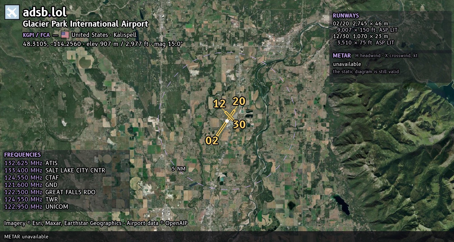 Satellite map with the runway layout of Glacier Park International Airport (KGPI)