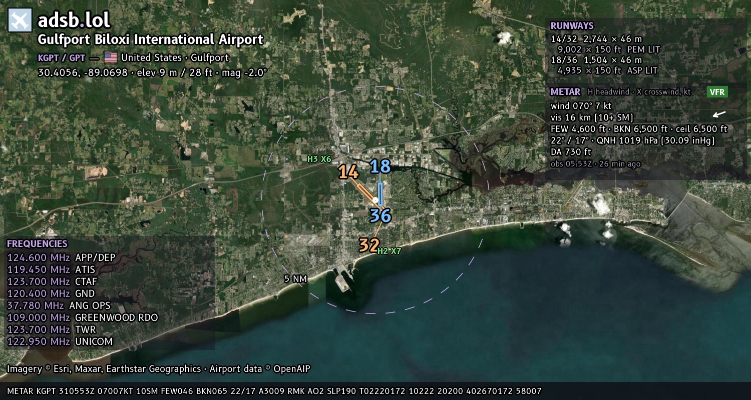 Satellite map with the runway layout of Gulfport Biloxi International Airport (KGPT)