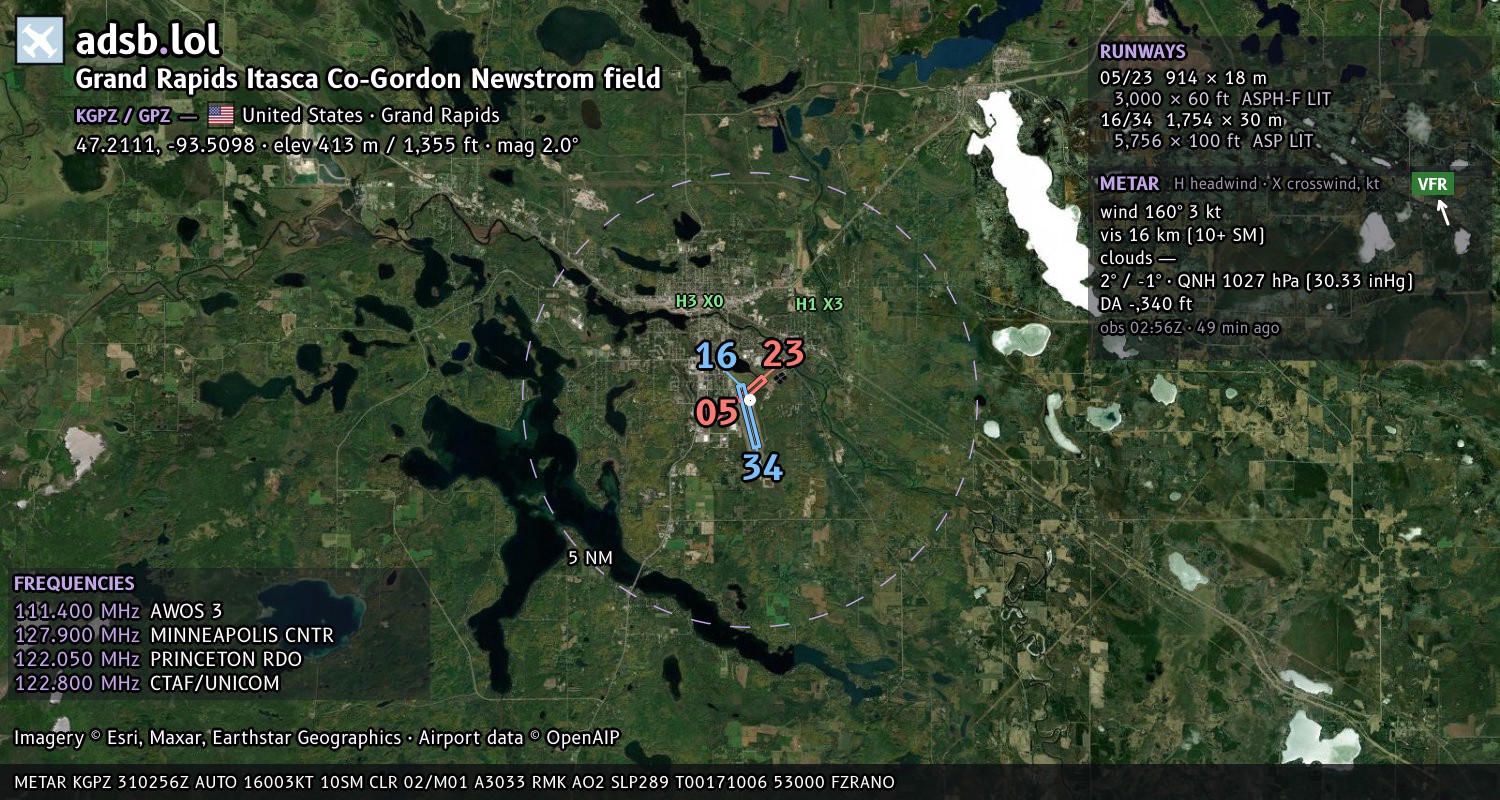 Satellite map with the runway layout of Grand Rapids Itasca Co-Gordon Newstrom field (KGPZ)