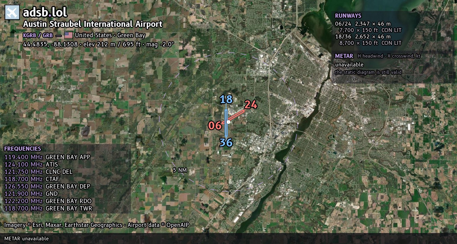 Satellite map with the runway layout of Austin Straubel International Airport (KGRB)
