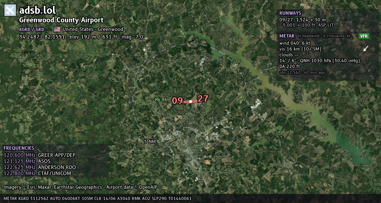 Satellite map with the runway layout of Greenwood County Airport (KGRD)