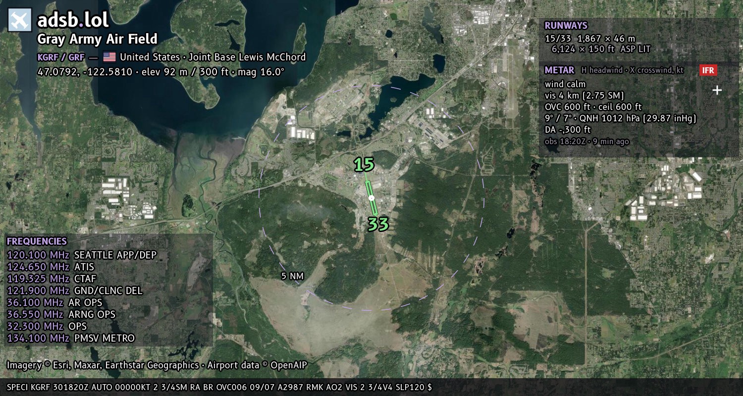 Satellite map with the runway layout of Gray Army Air Field (KGRF)