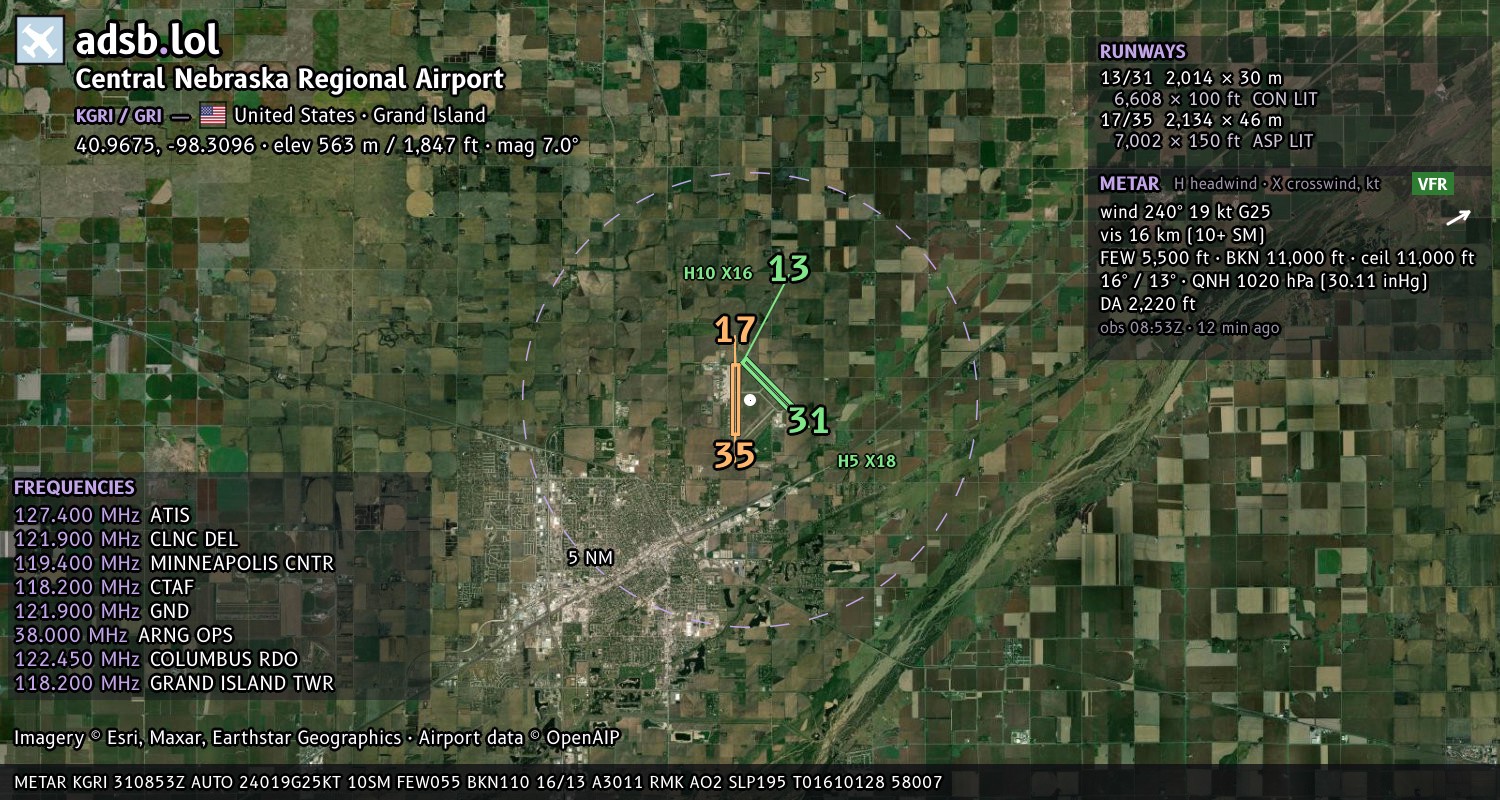 Satellite map with the runway layout of Central Nebraska Regional Airport (KGRI)