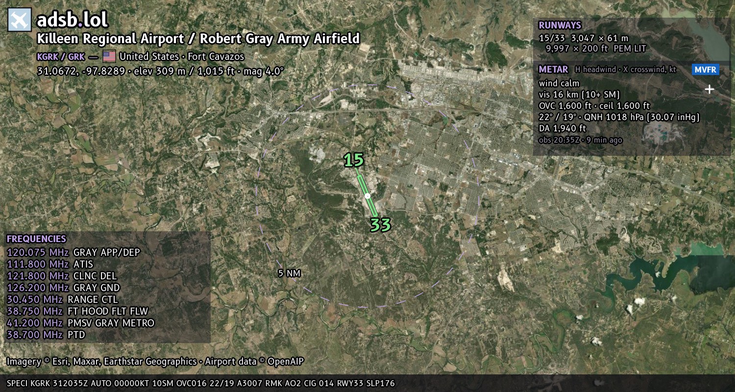 Satellite map with the runway layout of Killeen Regional Airport / Robert Gray Army Airfield (KGRK)