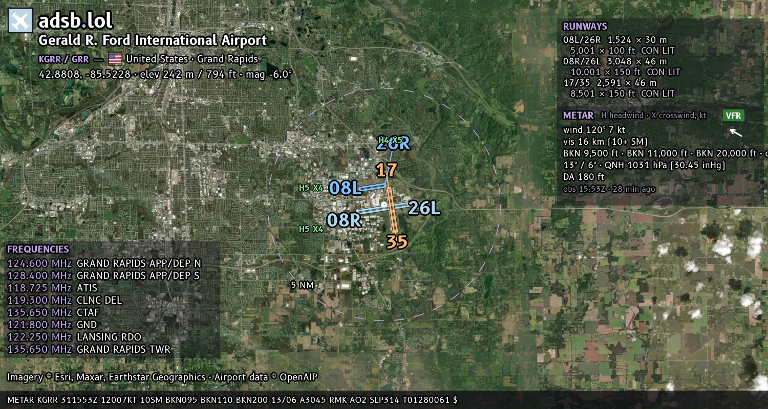 Satellite map with the runway layout of Gerald R. Ford International Airport (KGRR)