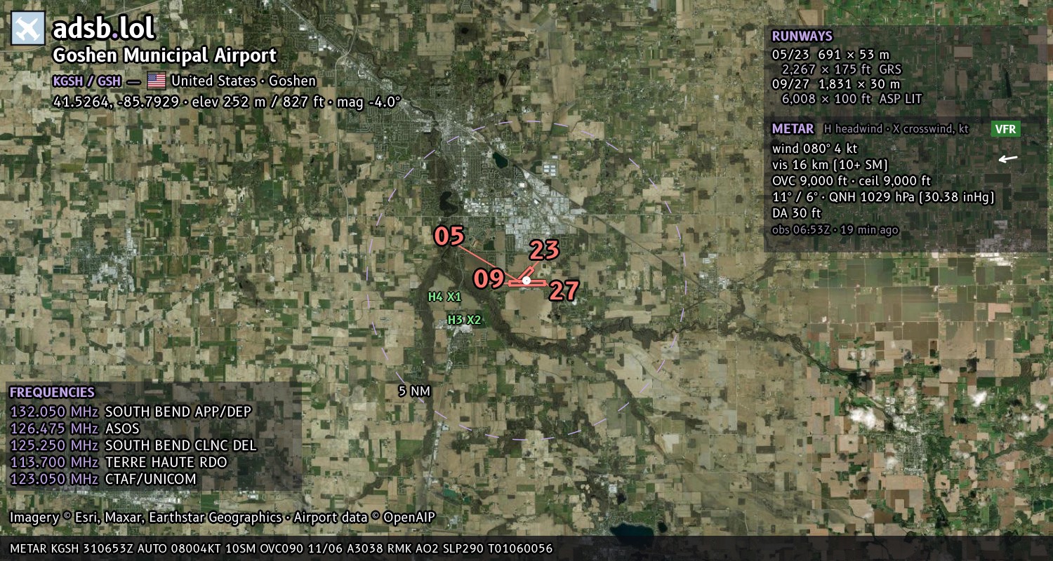 Satellite map with the runway layout of Goshen Municipal Airport (KGSH)