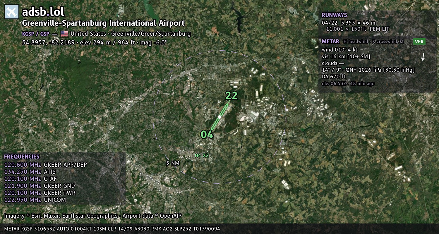Satellite map with the runway layout of Greenville-Spartanburg International Airport (KGSP)