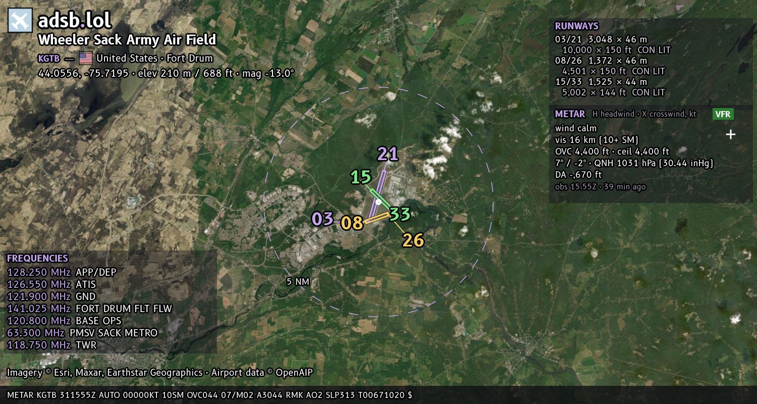 Satellite map with the runway layout of Wheeler Sack Army Air Field (KGTB)