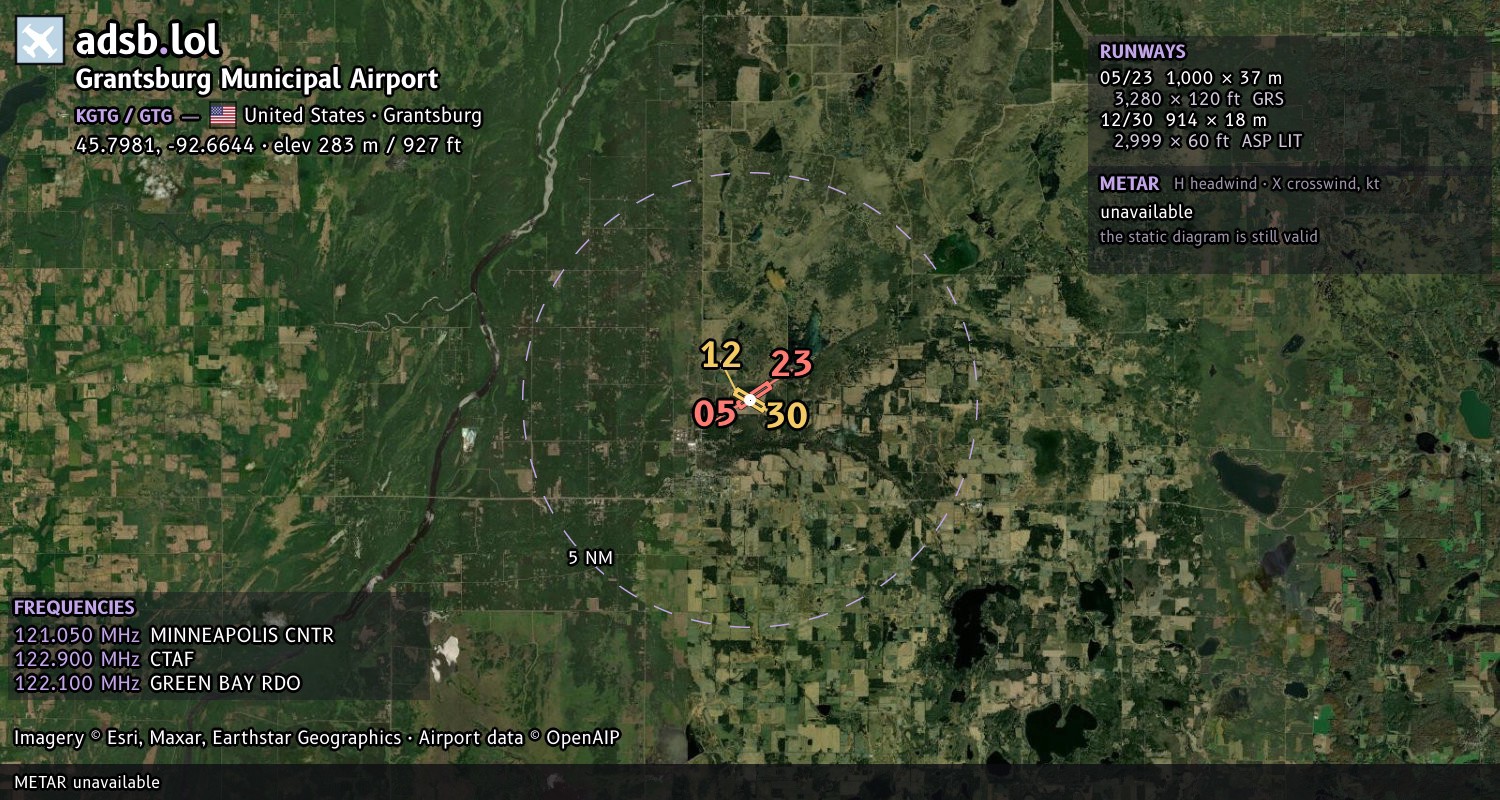 Satellite map with the runway layout of Grantsburg Municipal Airport (KGTG)