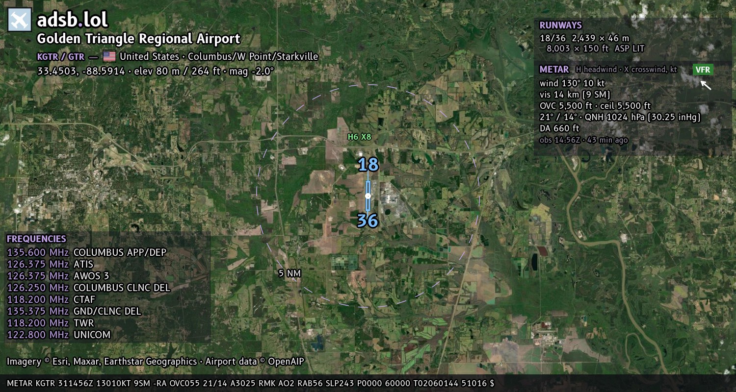 Satellite map with the runway layout of Golden Triangle Regional Airport (KGTR)