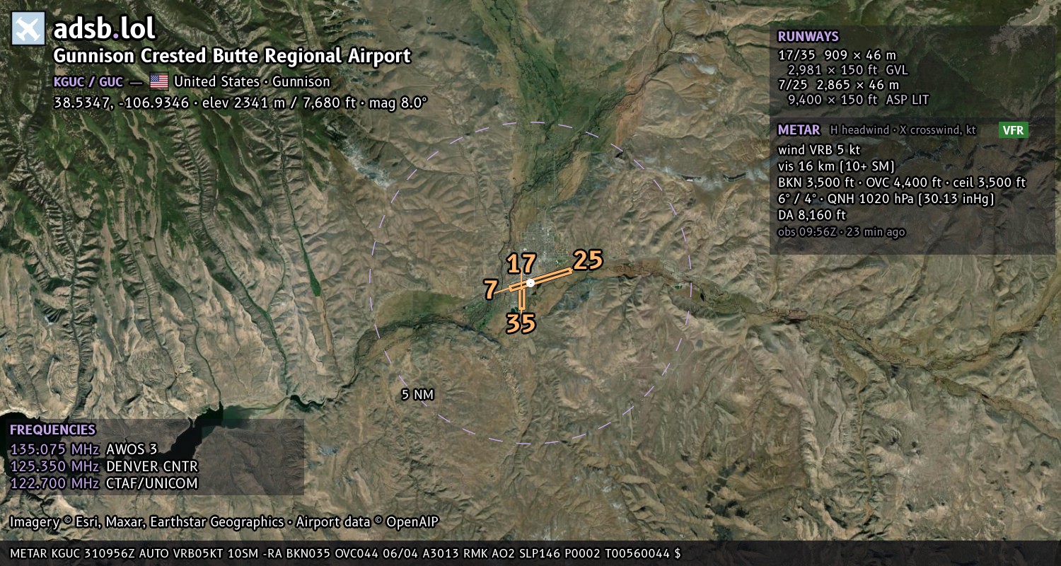 Satellite map with the runway layout of Gunnison Crested Butte Regional Airport (KGUC)