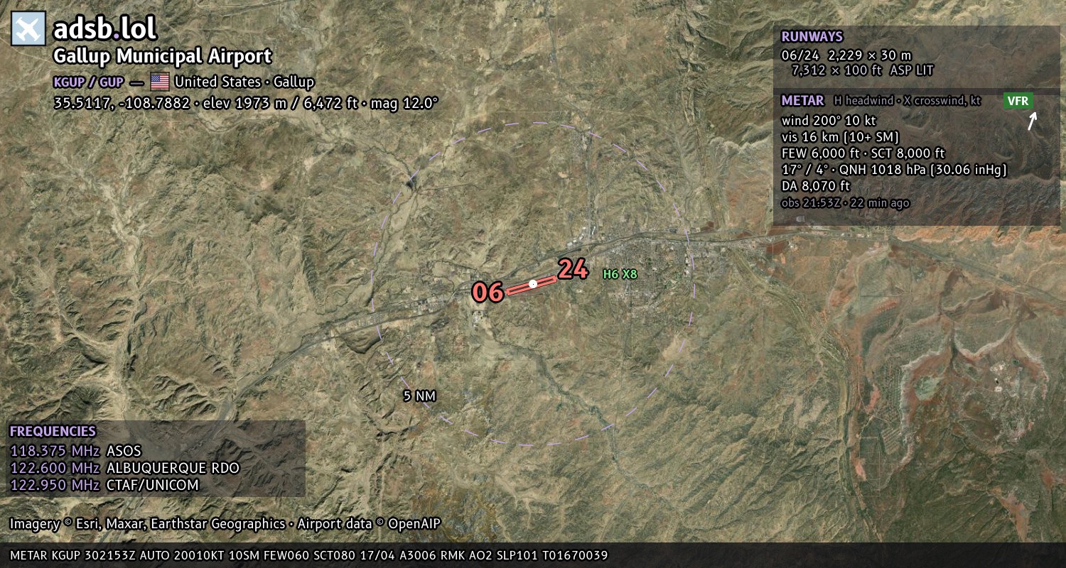 Satellite map with the runway layout of Gallup Municipal Airport (KGUP)