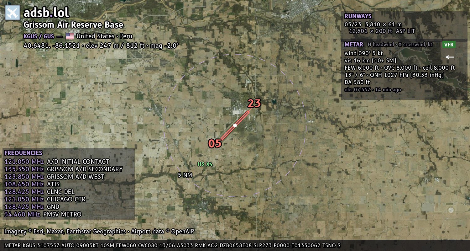 Satellite map with the runway layout of Grissom Air Reserve Base (KGUS)