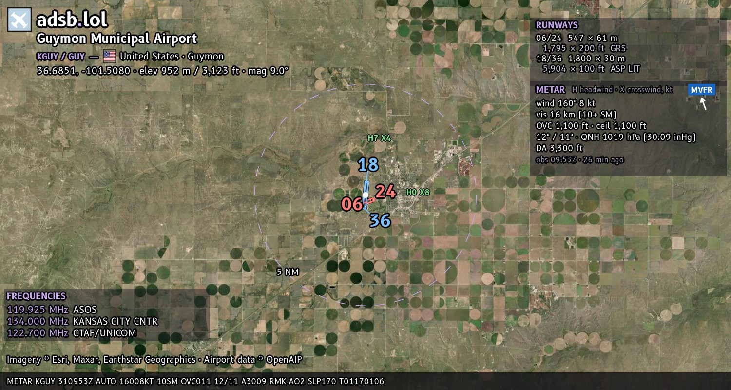 Satellite map with the runway layout of Guymon Municipal Airport (KGUY)