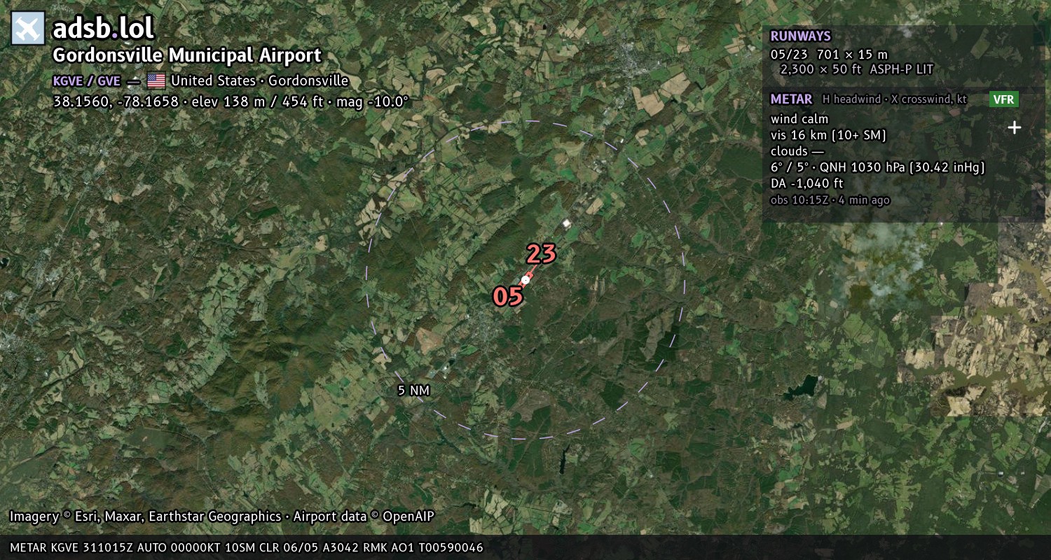 Satellite map with the runway layout of Gordonsville Municipal Airport (KGVE)