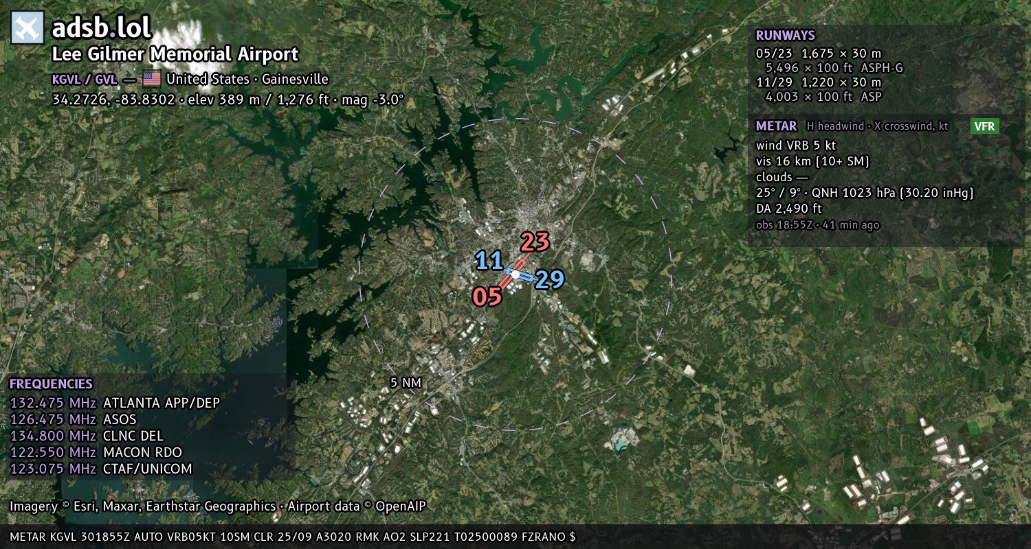 Satellite map with the runway layout of Lee Gilmer Memorial Airport (KGVL)