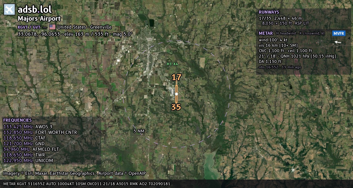 Satellite map with the runway layout of Majors Airport (KGVT)