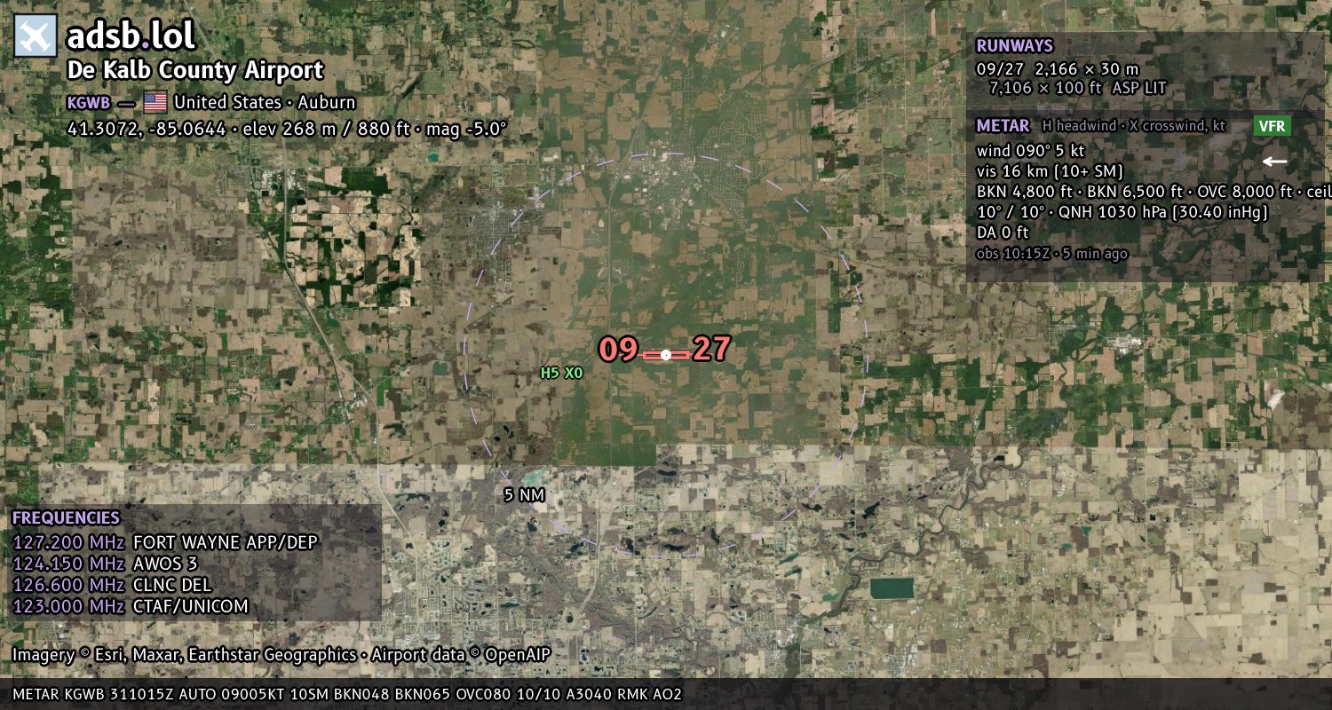 Satellite map with the runway layout of De Kalb County Airport (KGWB)