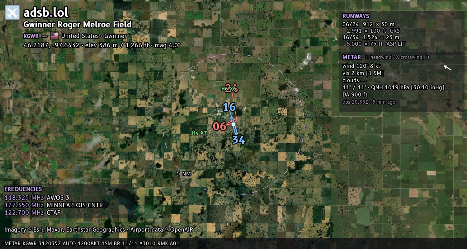 Satellite map with the runway layout of Gwinner Roger Melroe Field (KGWR)