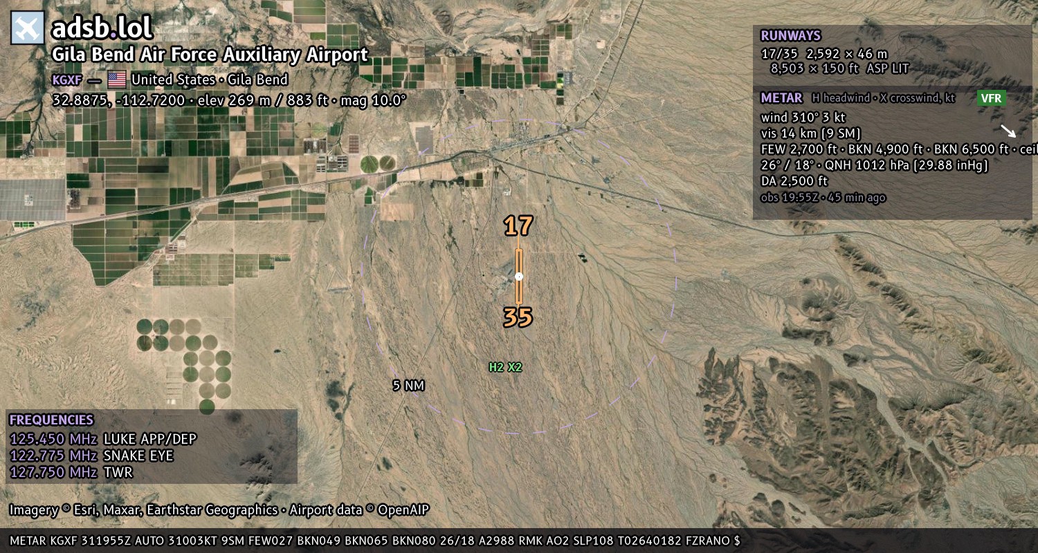Satellite map with the runway layout of Gila Bend Air Force Auxiliary Airport (KGXF)