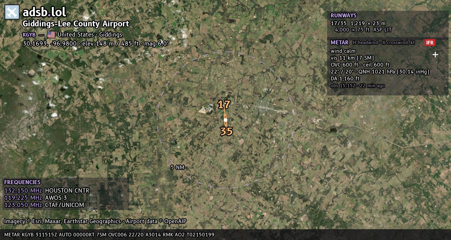 Satellite map with the runway layout of Giddings-Lee County Airport (KGYB)
