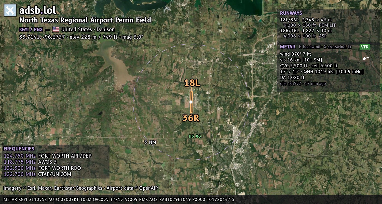 Satellite map with the runway layout of North Texas Regional Airport Perrin Field (KGYI)