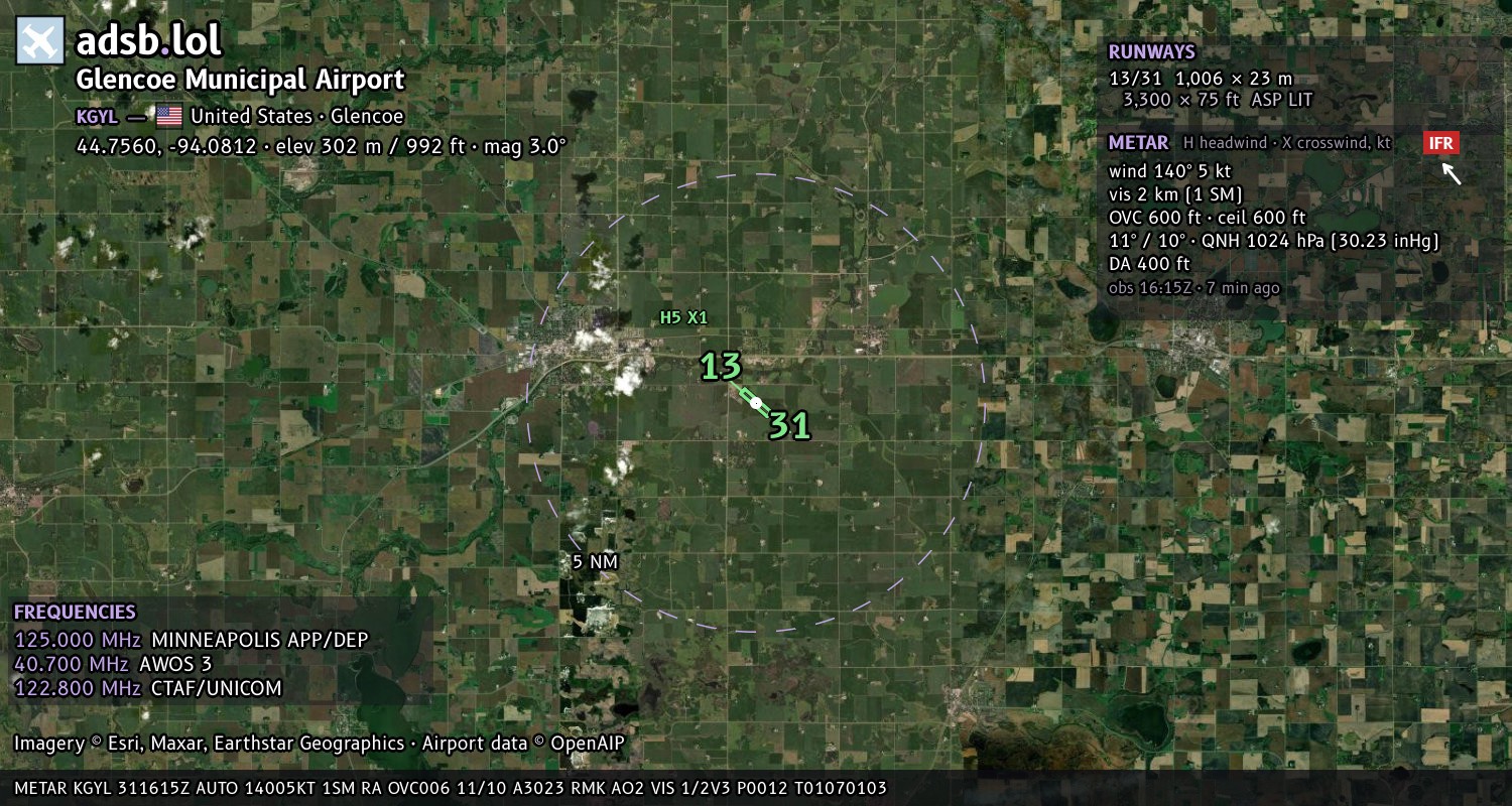 Satellite map with the runway layout of Glencoe Municipal Airport (KGYL)