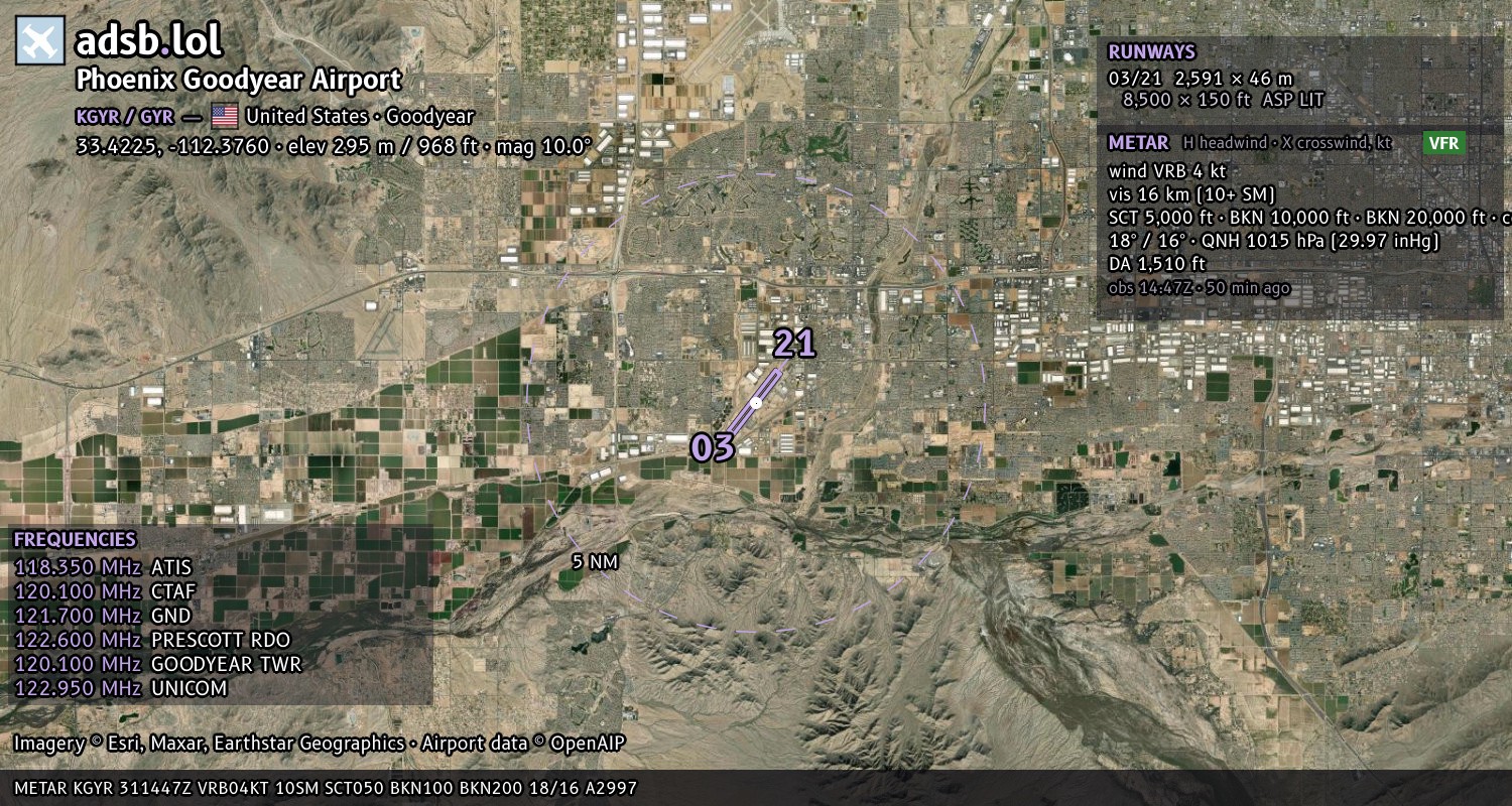 Satellite map with the runway layout of Phoenix Goodyear Airport (KGYR)