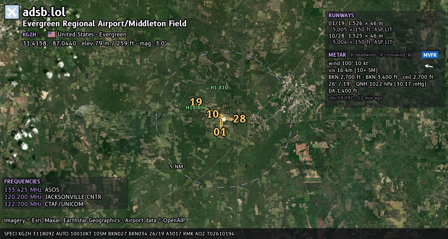 Satellite map with the runway layout of Evergreen Regional Airport/Middleton Field (KGZH)