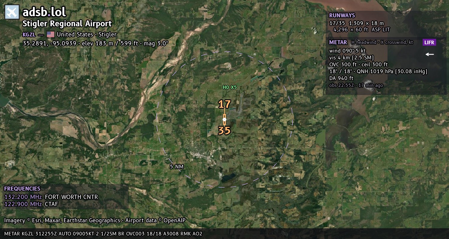 Satellite map with the runway layout of Stigler Regional Airport (KGZL)
