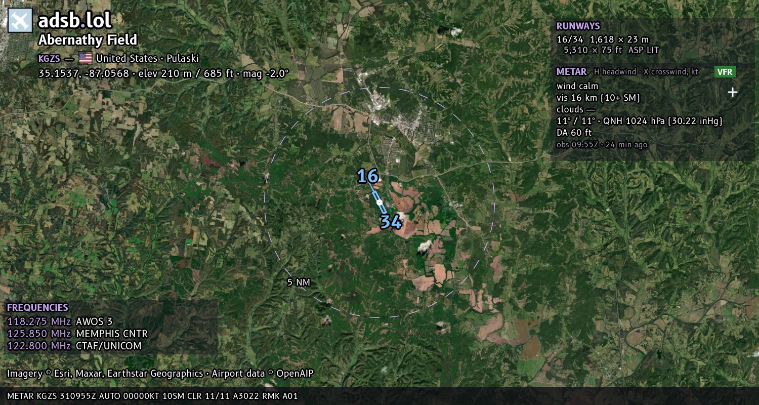 Satellite map with the runway layout of Abernathy Field (KGZS)