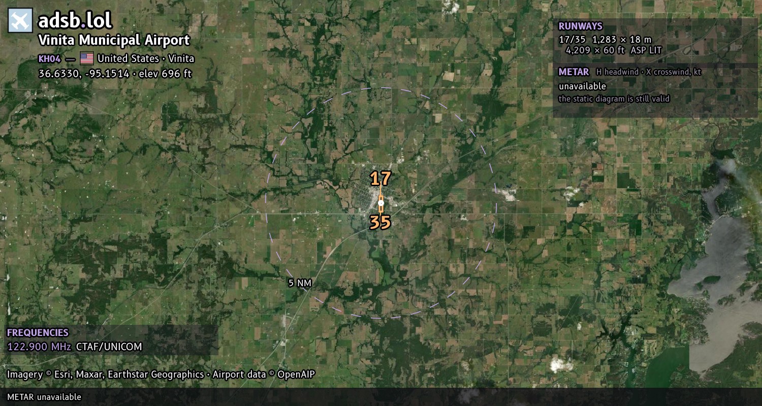 Satellite map with the runway layout of Vinita Municipal Airport (KH04)