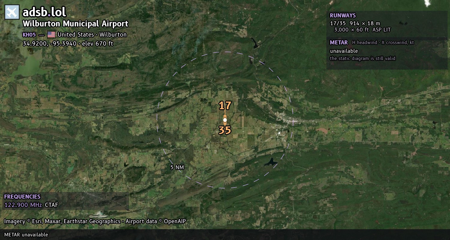 Satellite map with the runway layout of Wilburton Municipal Airport (KH05)