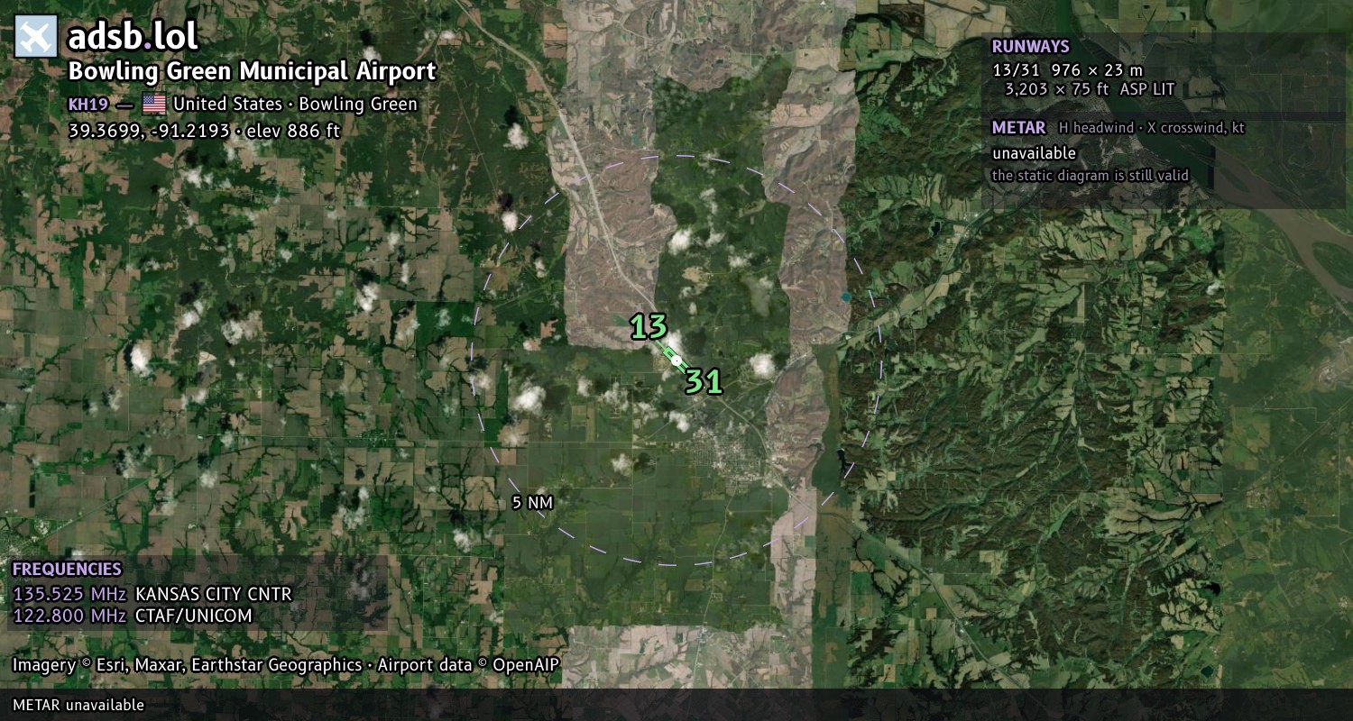 Satellite map with the runway layout of Bowling Green Municipal Airport (KH19)