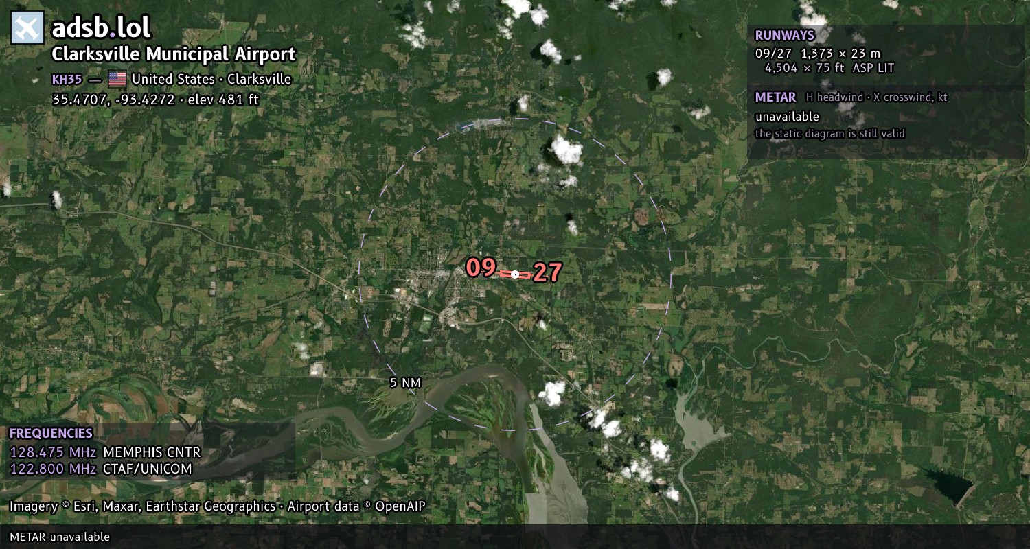 Satellite map with the runway layout of Clarksville Municipal Airport (KH35)