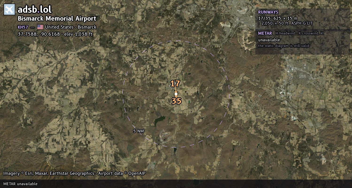 Satellite map with the runway layout of Bismarck Memorial Airport (KH57)
