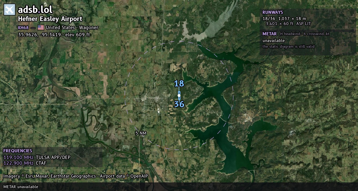 Satellite map with the runway layout of Hefner Easley Airport (KH68)