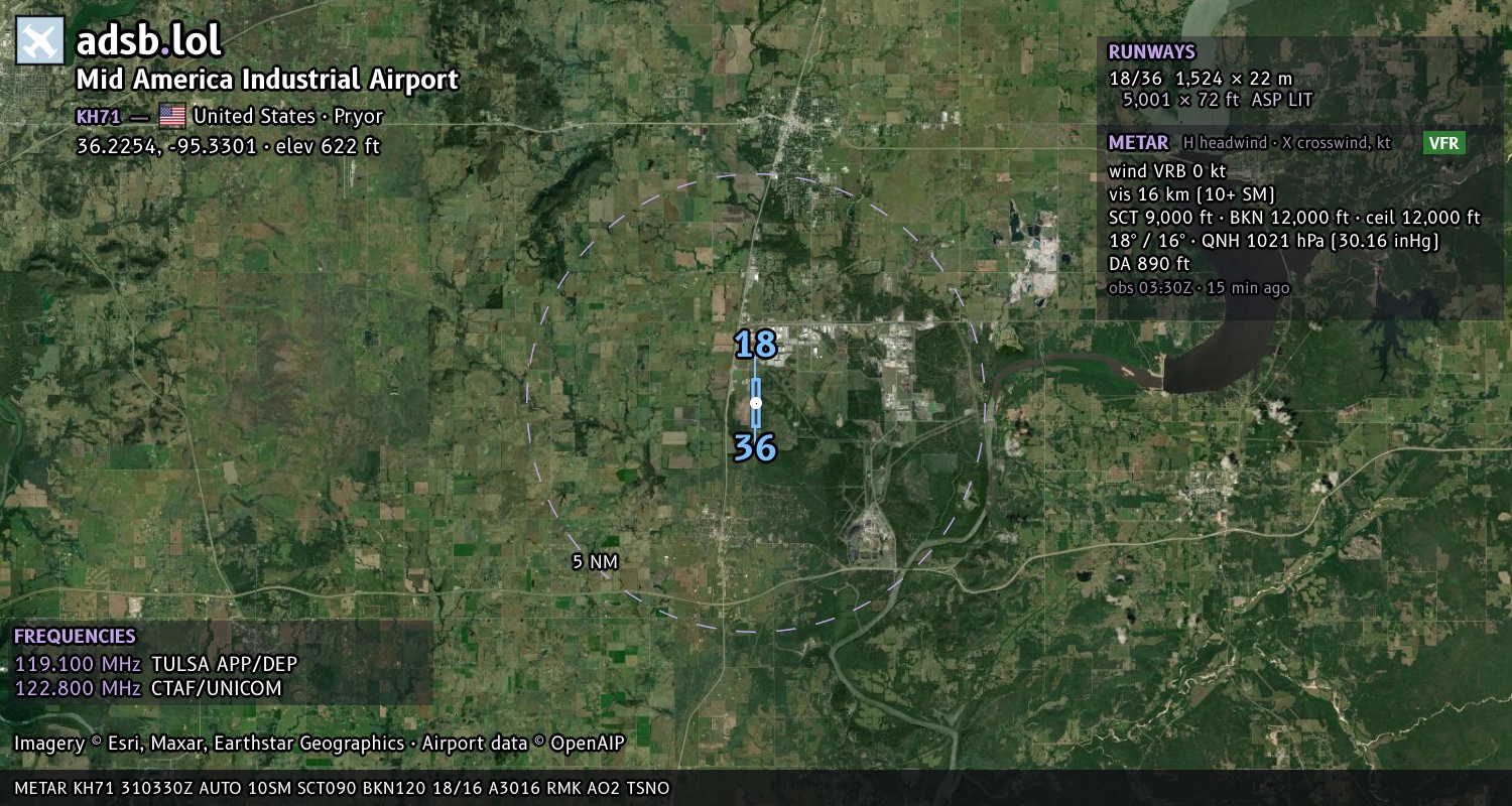 Satellite map with the runway layout of Mid America Industrial Airport (KH71)