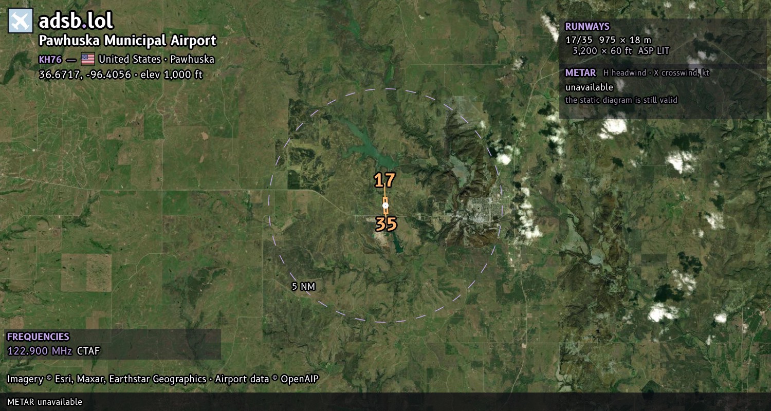 Satellite map with the runway layout of Pawhuska Municipal Airport (KH76)
