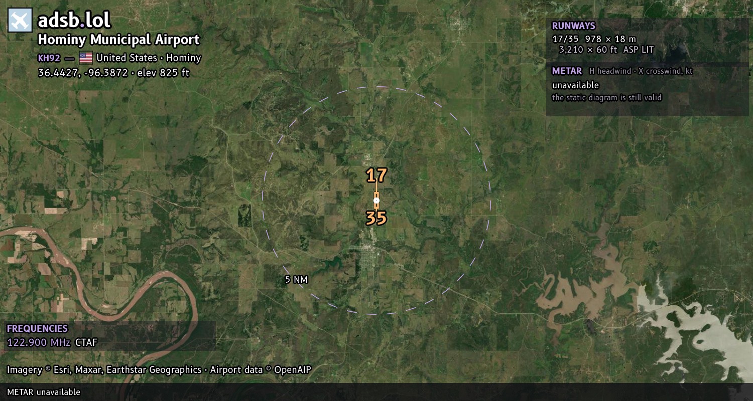Satellite map with the runway layout of Hominy Municipal Airport (KH92)