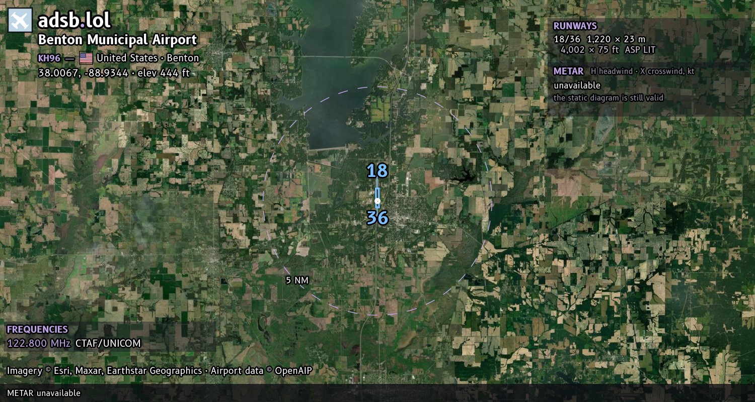 Satellite map with the runway layout of Benton Municipal Airport (KH96)