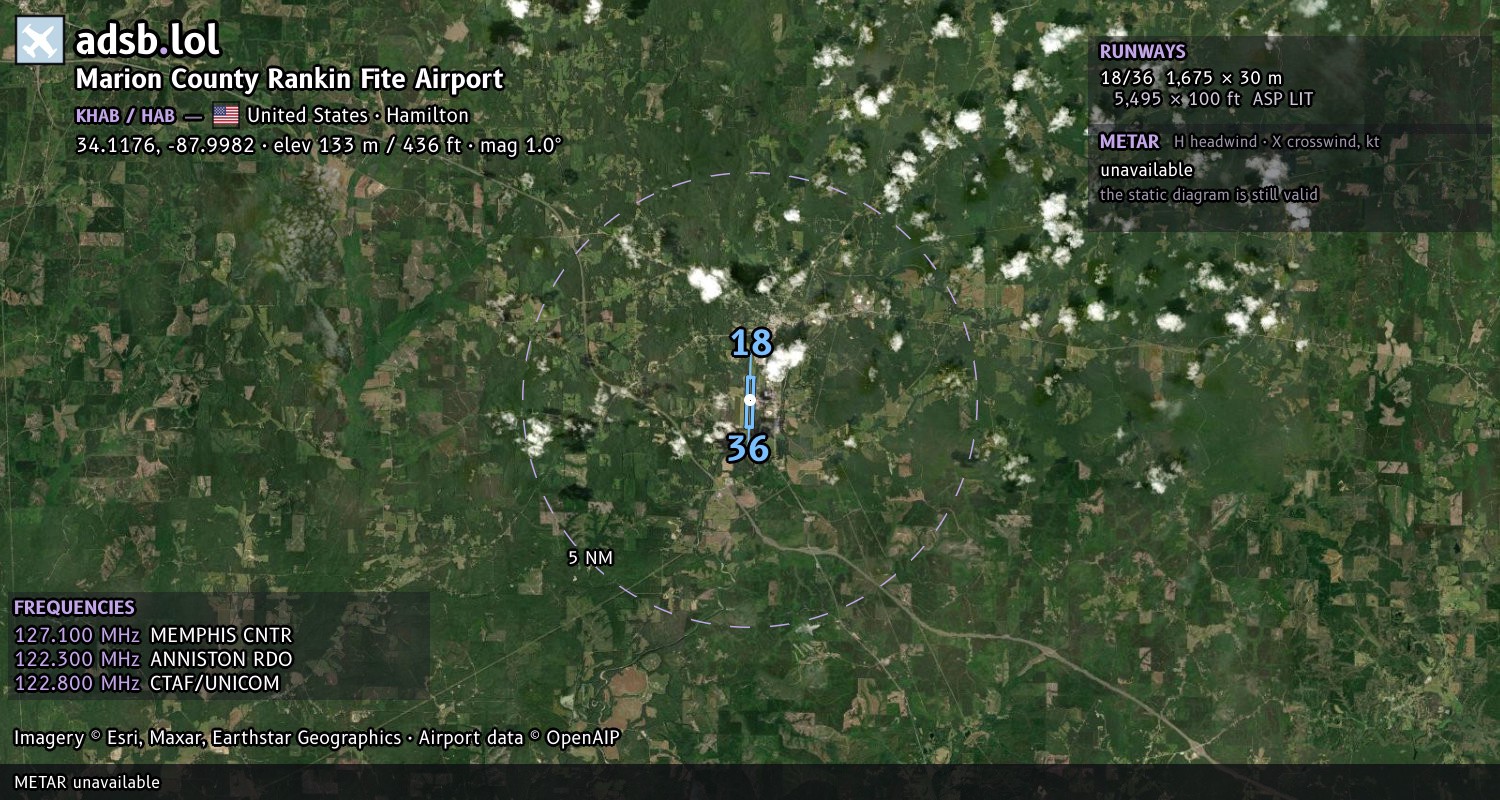 Satellite map with the runway layout of Marion County Rankin Fite Airport (KHAB)