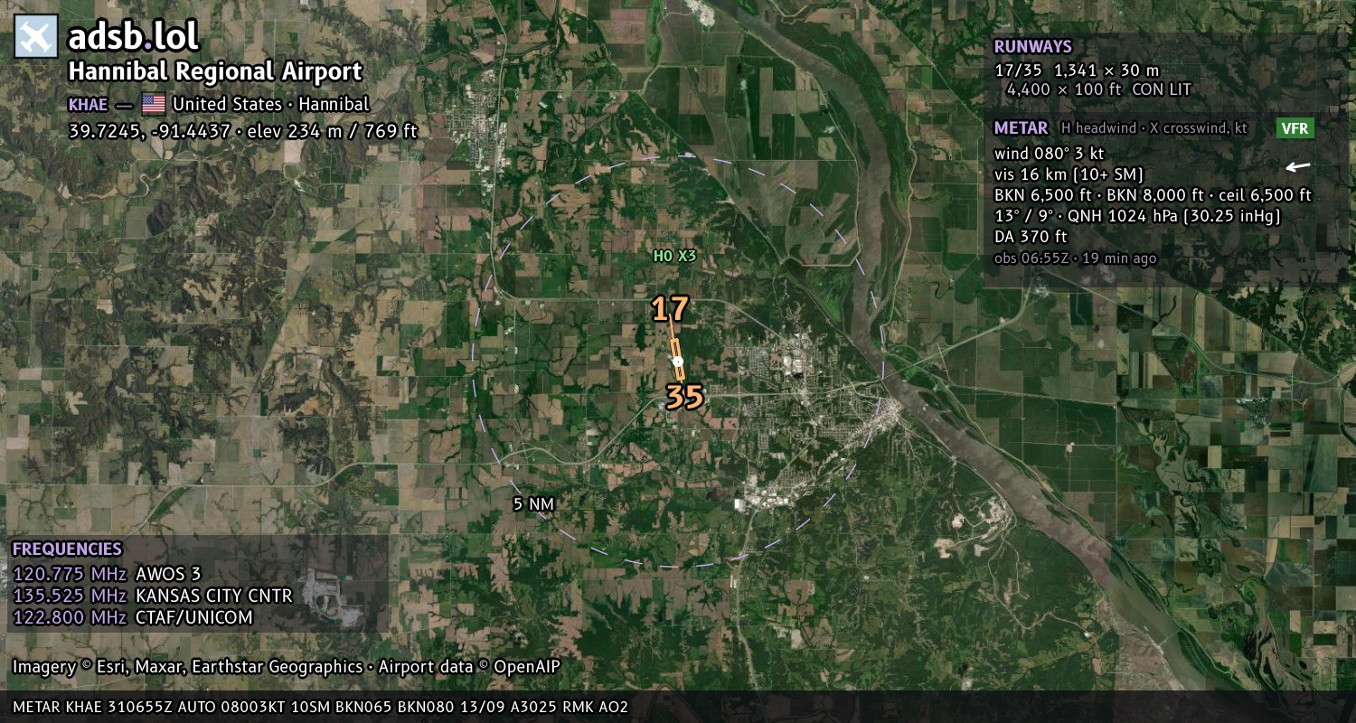 Satellite map with the runway layout of Hannibal Regional Airport (KHAE)