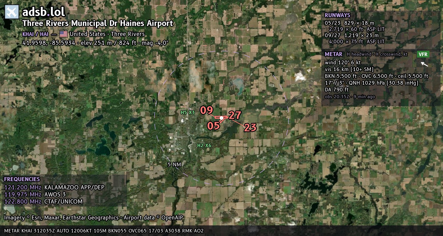 Satellite map with the runway layout of Three Rivers Municipal Dr Haines Airport (KHAI)