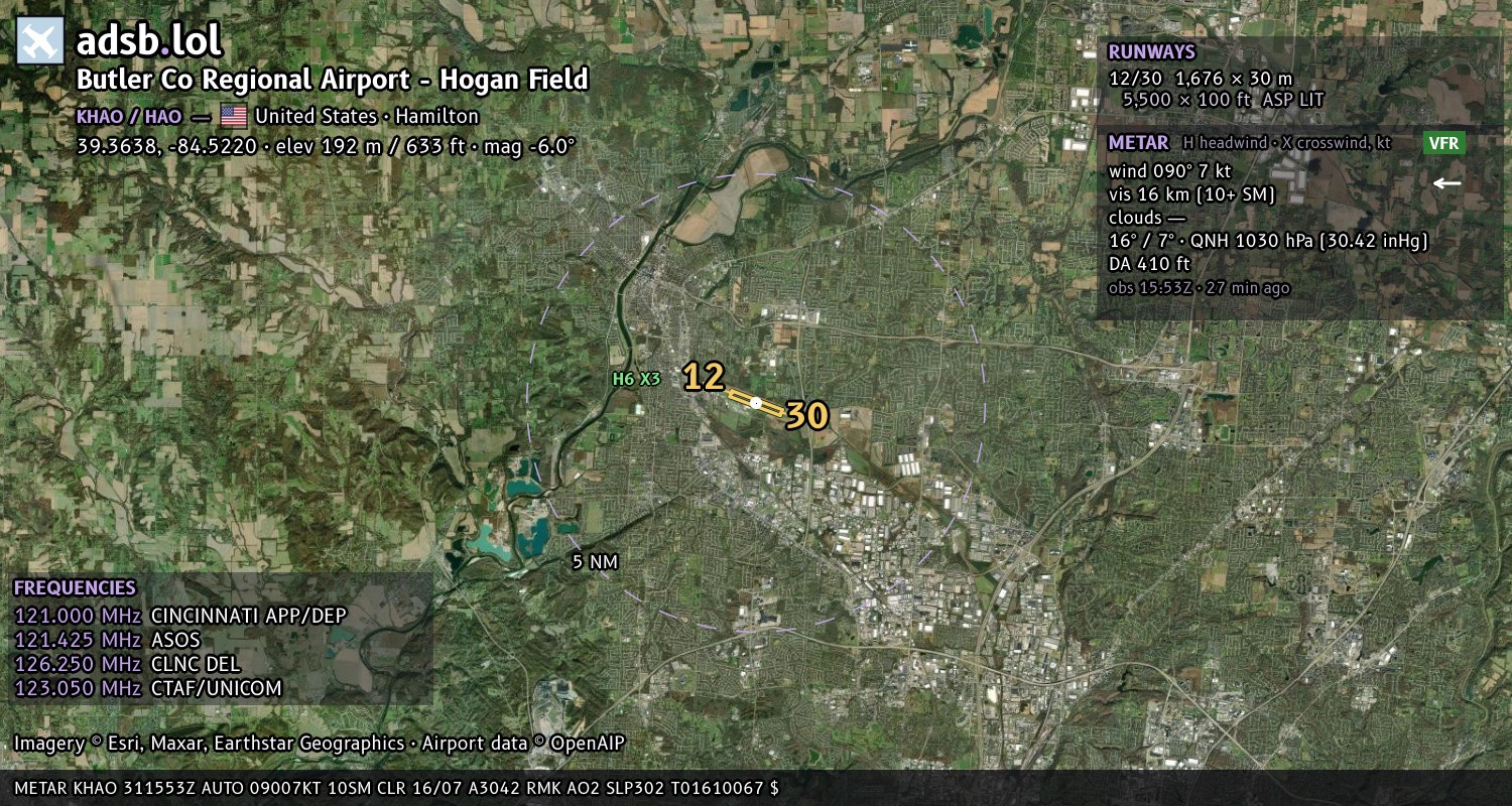 Satellite map with the runway layout of Butler Co Regional Airport - Hogan Field (KHAO)