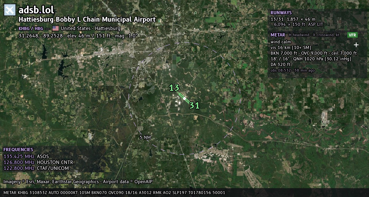 Satellite map with the runway layout of Hattiesburg Bobby L Chain Municipal Airport (KHBG)