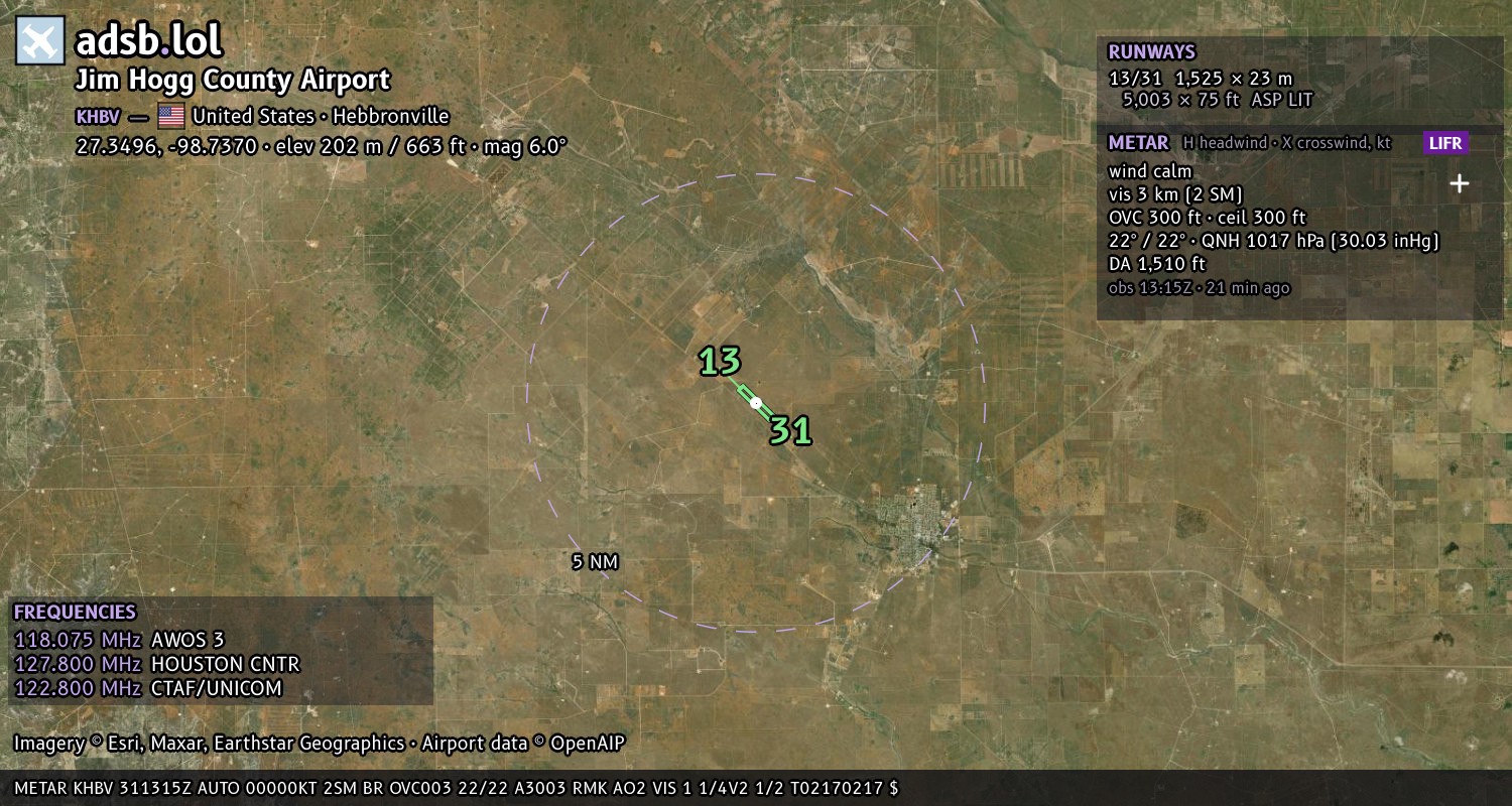 Satellite map with the runway layout of Jim Hogg County Airport (KHBV)