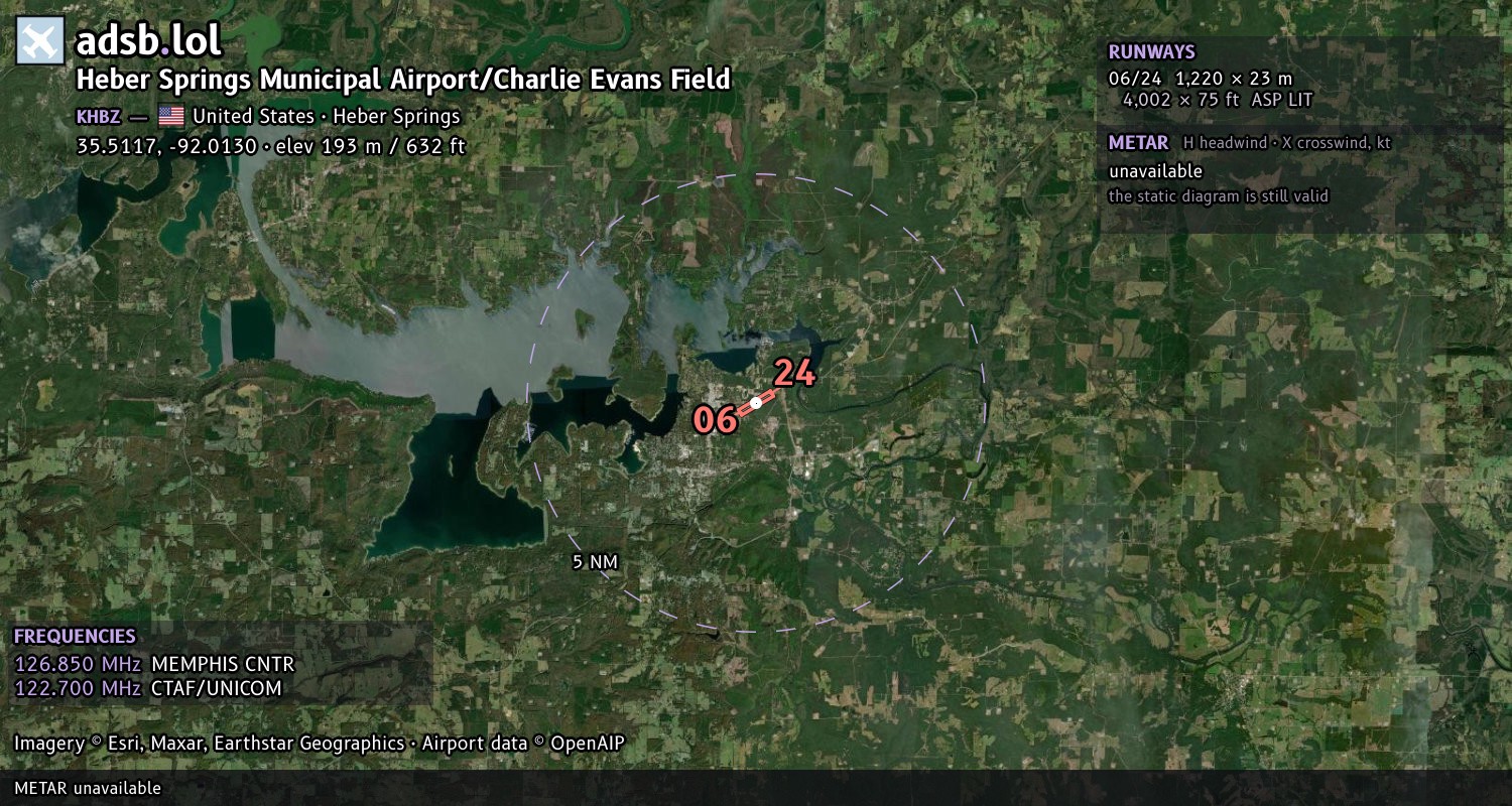 Satellite map with the runway layout of Heber Springs Municipal Airport/Charlie Evans Field (KHBZ)